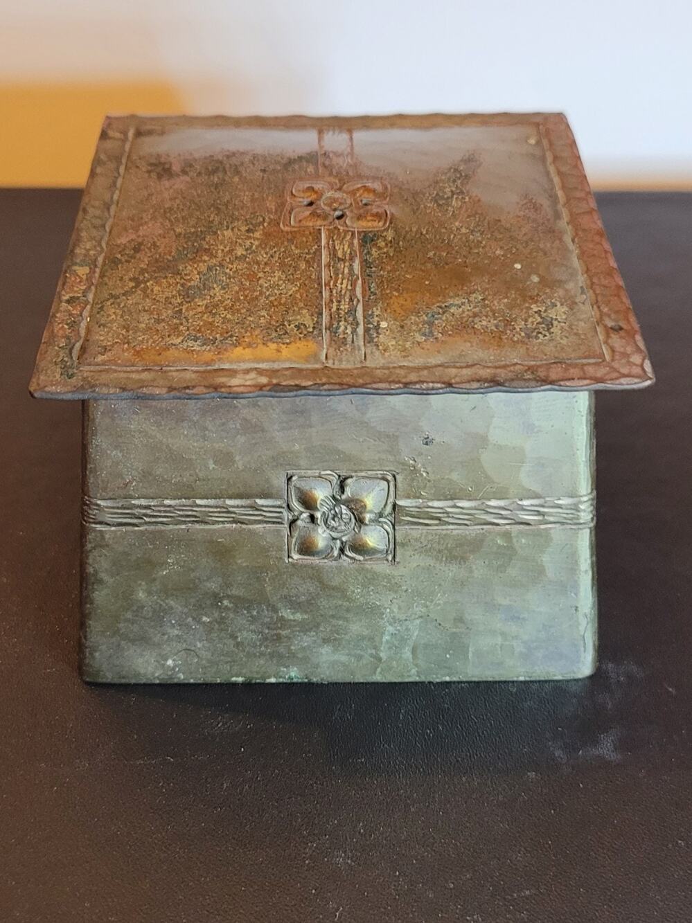 Roycroft Arrs & Crafts Hammered Copper Inkwell Box, Floral Banded, Missing Glass